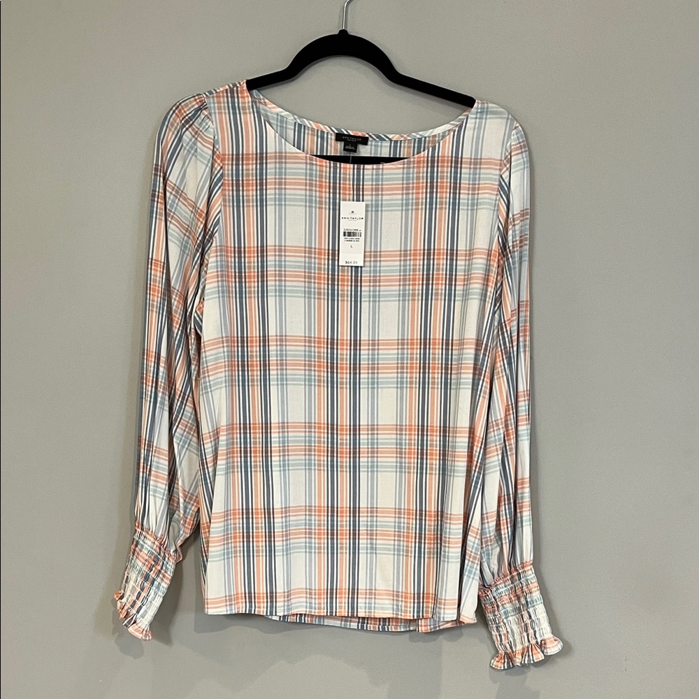 Ann Taylor Plaid Blouse - Orange and Blue